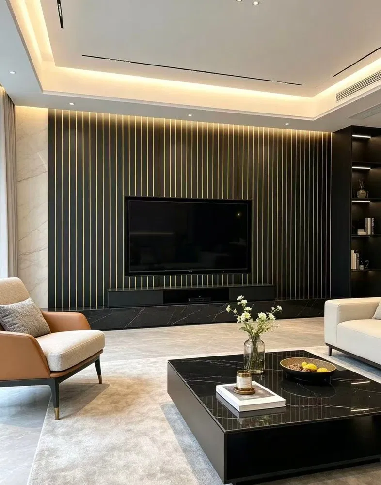 Black and gold linear PVC wall panels/PVC ceiling panels – modern recessed feature wall cladding photo 6