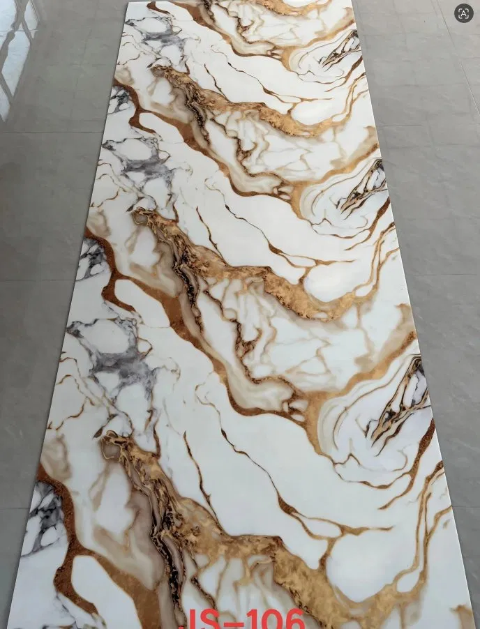 JS-106 White Background Flowing Irregular Gold and Smoky Gray Textured PVC Marble Wall Sticker | Shandong Ding’en Wood Products Co., Ltd., Available Sizes: 30×60/60×60/60×300/120×300 cm photo 1