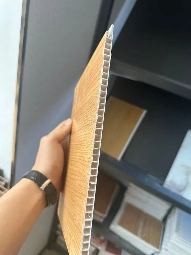 dual purpose pvc panel ceiling wall,horizontal double groove wood grain interlock pvc wall cladding,waterproof honeycomb hollow pvc decorative board,economical pvc panel for home shop renovation,Shandong Ding’en Wood Products photo 2